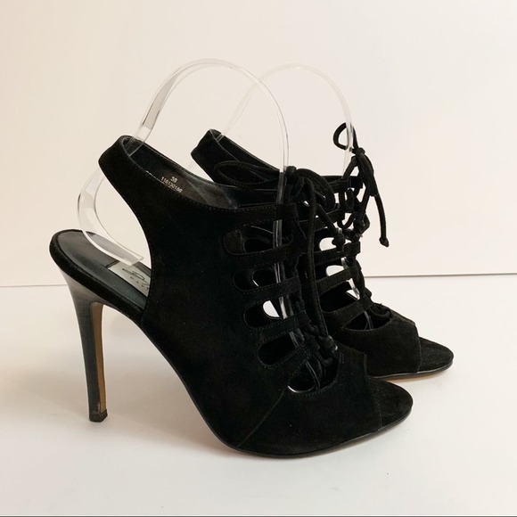 David Dixon Black Velvet Tie Up Front Cage Heel Women’s Size 7 - Picture 12 of 13